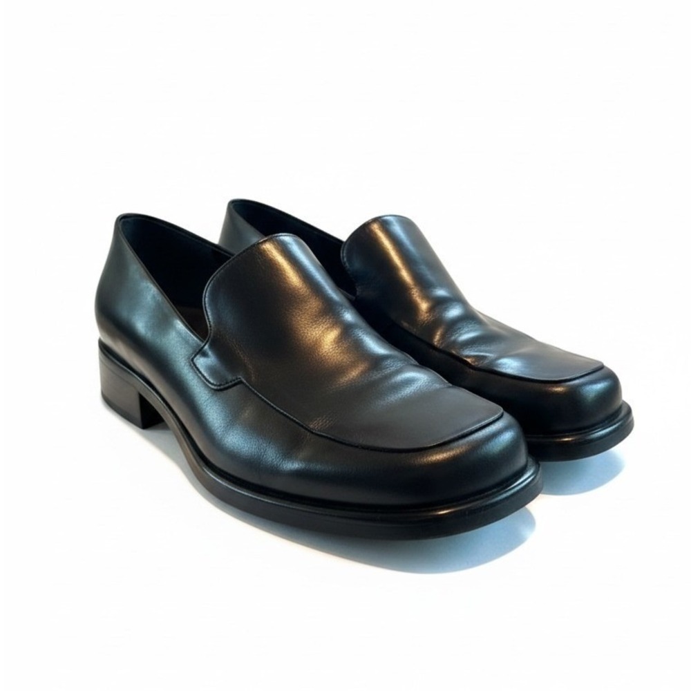 Franco Sarto Loafers 8.5 Black Leather Square Toe Block Heel 90s Minimalist